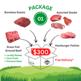 Package 01-Family Beef Box - 32 lbs Ground Beef, Steaks, Roasts & Patties