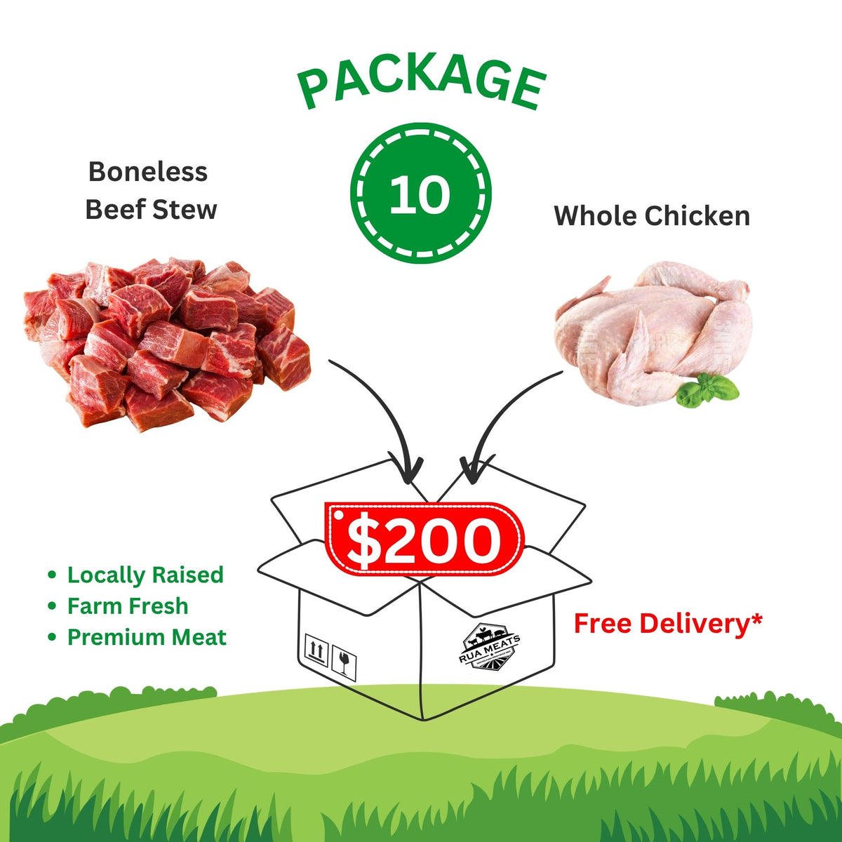 Package 10 – Boneless Beef Stew & Whole Chicken Box – $200