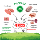 Package 03 – Family Pork Box - 34 lbs Ground Pork, Chops, Roasts, Sausages & Steaks