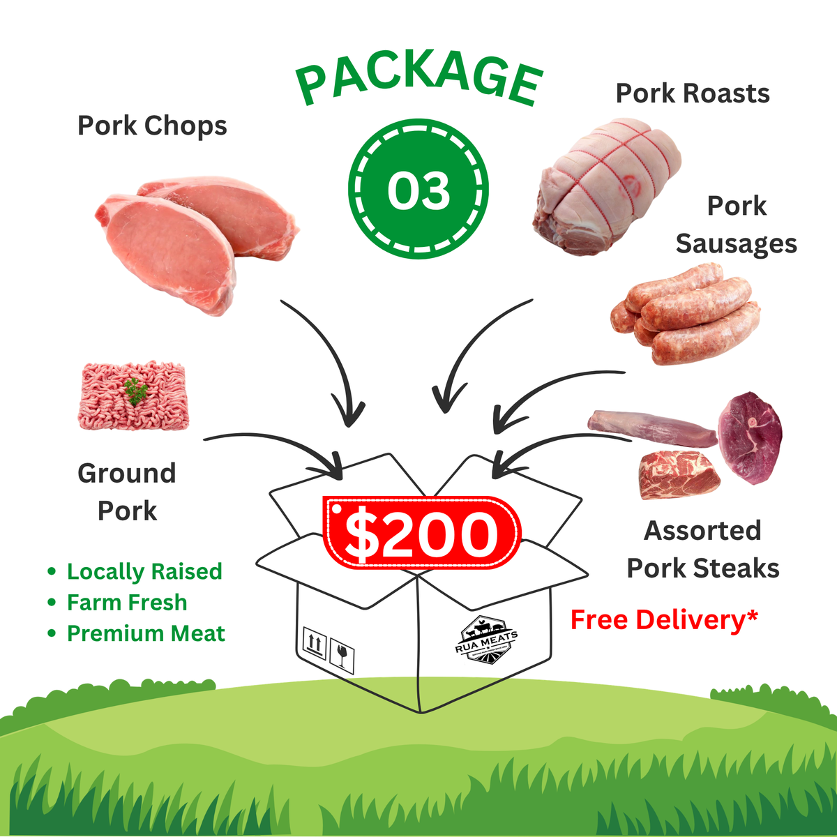 Package 03 – Family Pork Box - 34 lbs Ground Pork, Chops, Roasts, Sausages & Steaks