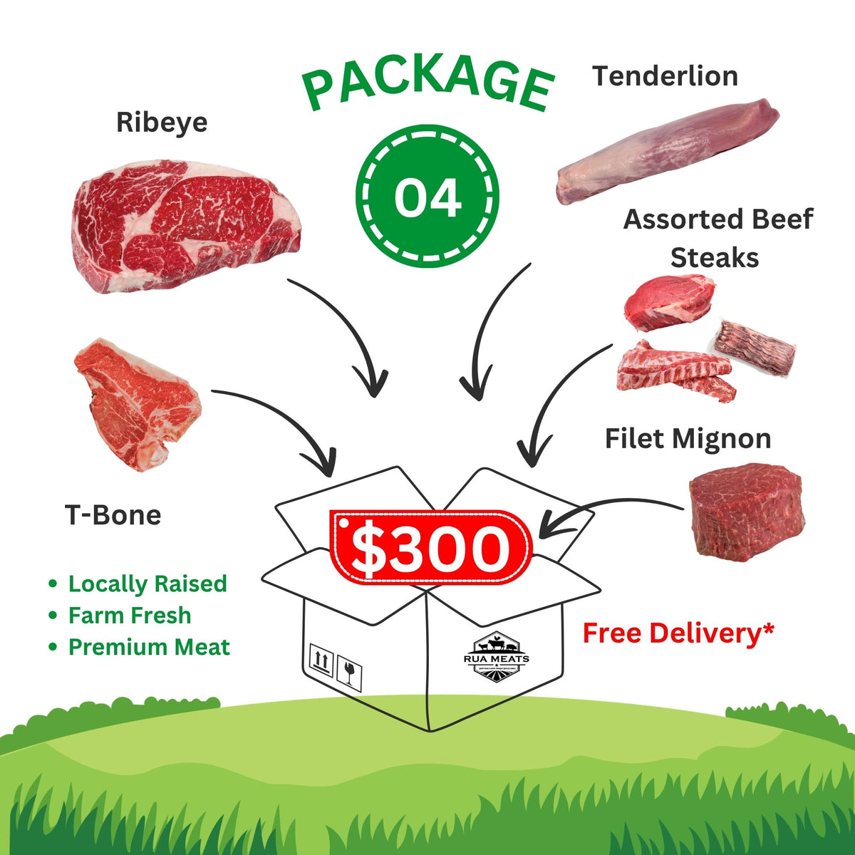 Package 04 – Ultimate Premium Beef Box | 13.5 lbs Ribeye, T Bone, Strip Loin, Tenderloin & Rib Steaks